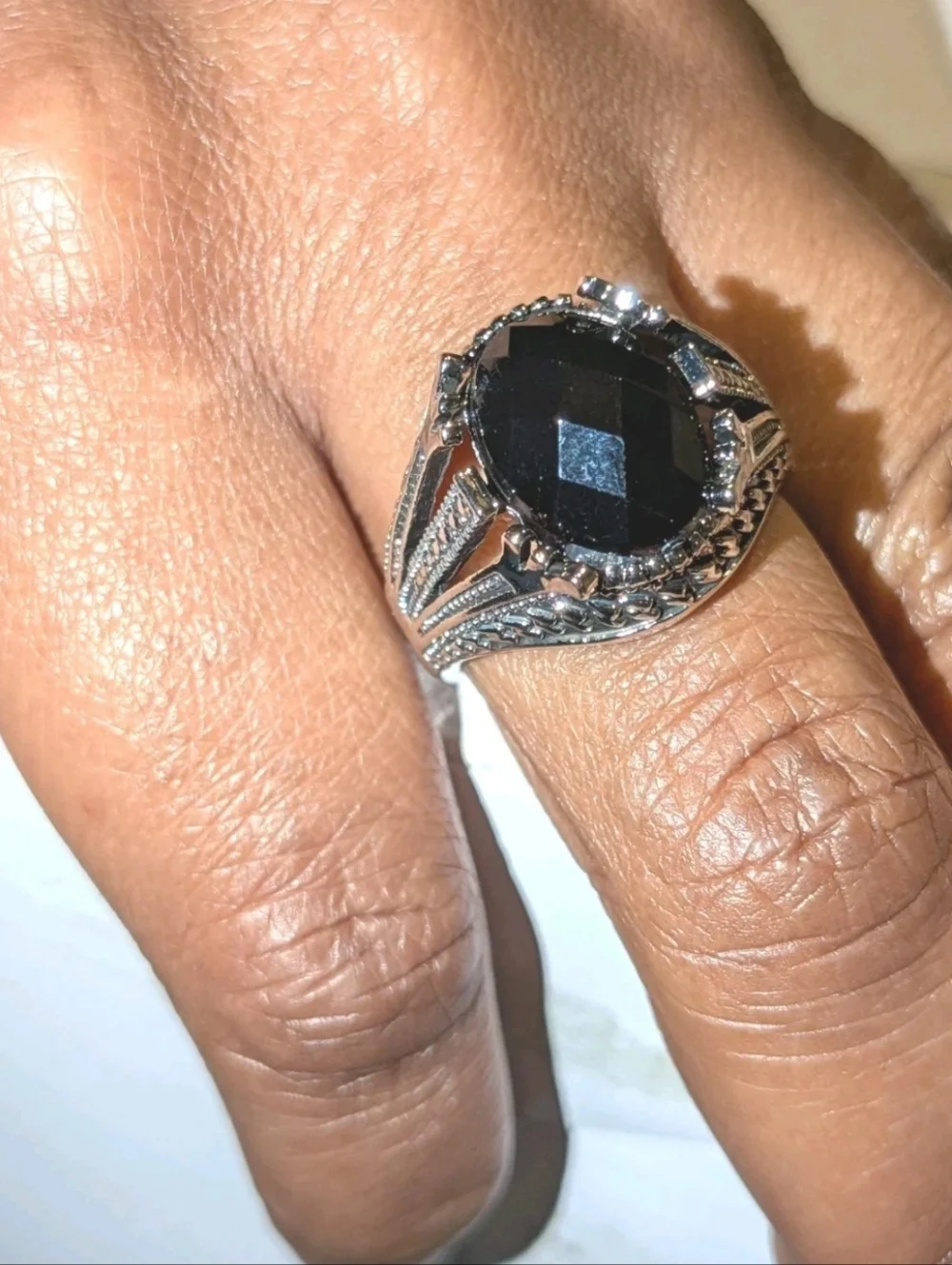 Men’s Black Simulated Onyx Ring Silver Plated Size 10 Oval Statement Gothic Ring